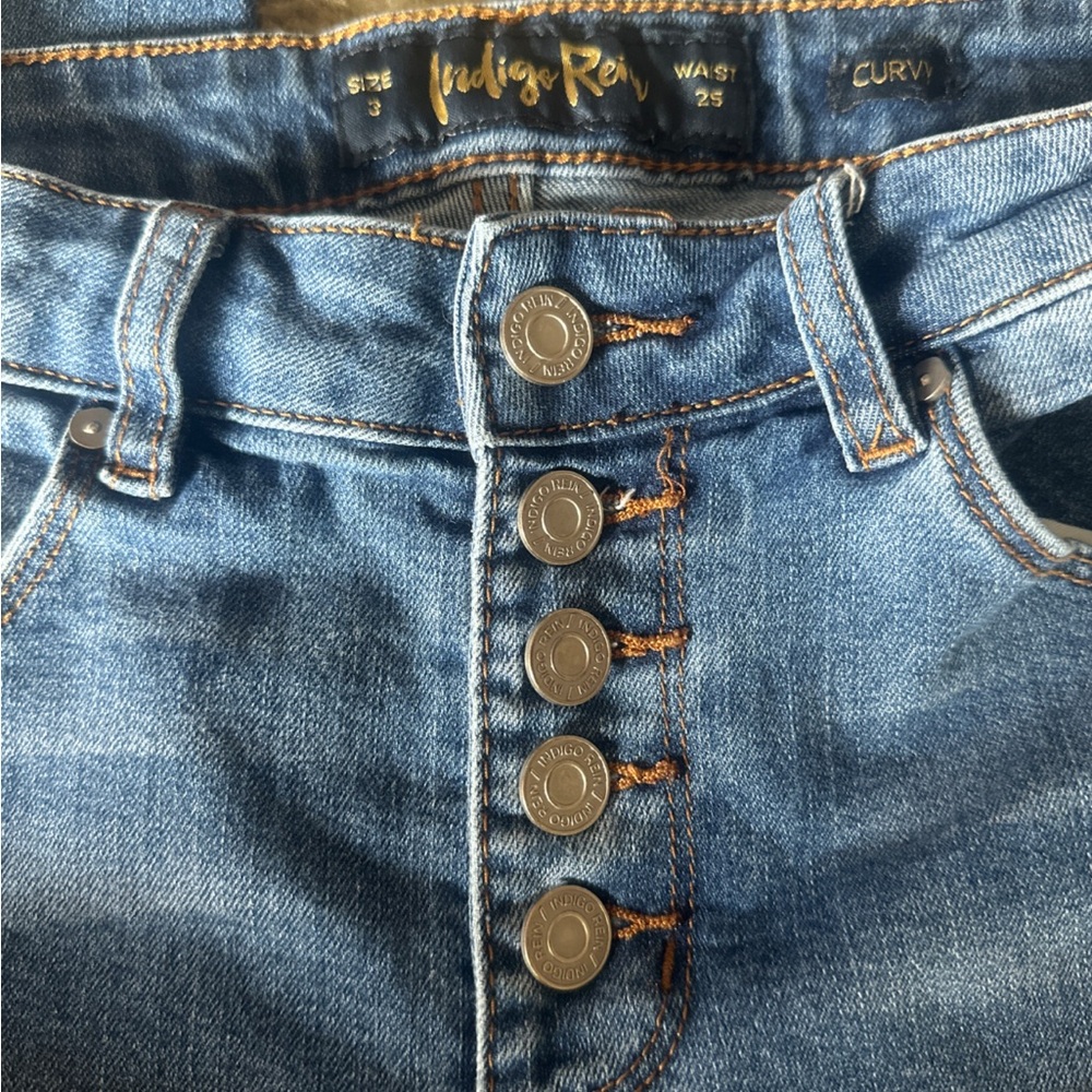 Women's Indigo Rein Distressed Skinny Jeans Button Fly Dark Wash Size 3/25 - Picture 4 of 4